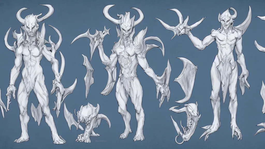 Image similar to a fantasy white and pale blue draconian demon with bright eyes character design sheet, trending on artstation