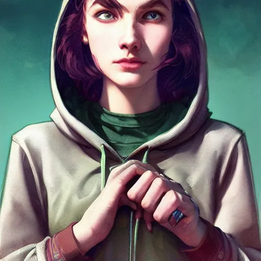 Image similar to character portrait of a 1950s teenage girl in a hoodie, dystopian cyberpunk steampunk mood, intricate, wild, highly detailed, digital painting, artstation, upper body, concept art, smooth, sharp focus, illustration, art by artgerm and greg rutkowski and alphonse mucha