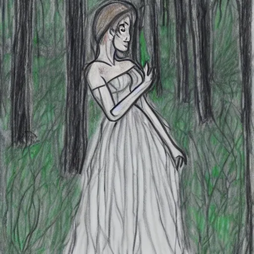 Image similar to a drawing of a woman in a white dress in a forest