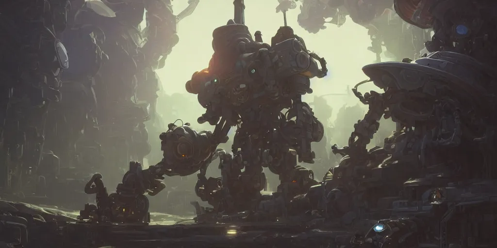 Image similar to robot mech from made in abyss by akihito tsukushi, backlight, centered rim lighting, deep focus, d & d, fantasy, intricate, elegant, highly detailed, digital painting, artstation, concept art, matte, sharp focus, illustration, hearthstone, art by artgerm and greg rutkowski and alphonse mucha