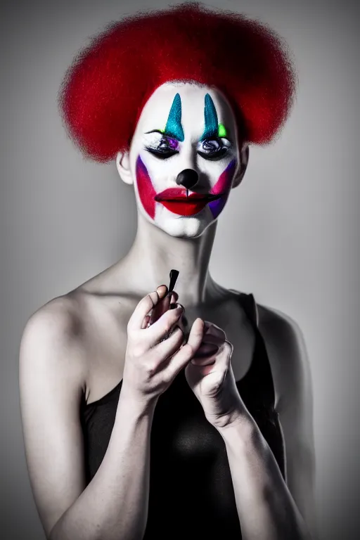 Image similar to a clown putting on makeup, fine - art photography, portrait, award - winning photo, 4 k, 8 k, studio lighting, nikon d 6, 3 5 mm