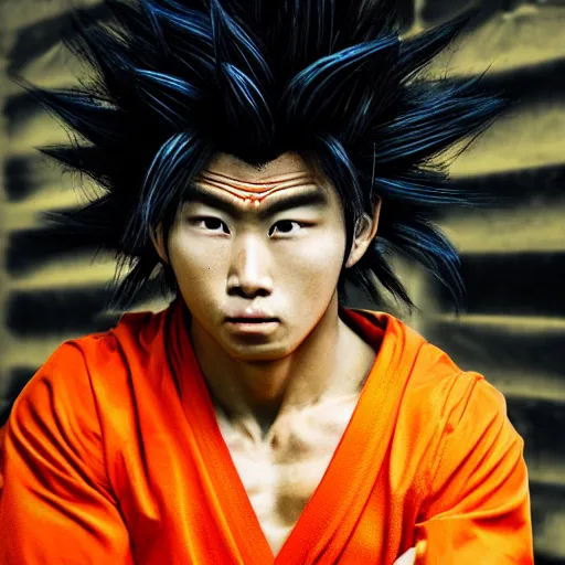 Image similar to photorealistic human goku, goku as an asian man, goku in real life, spiky hair, orange gi, human goku, photography, cinematic