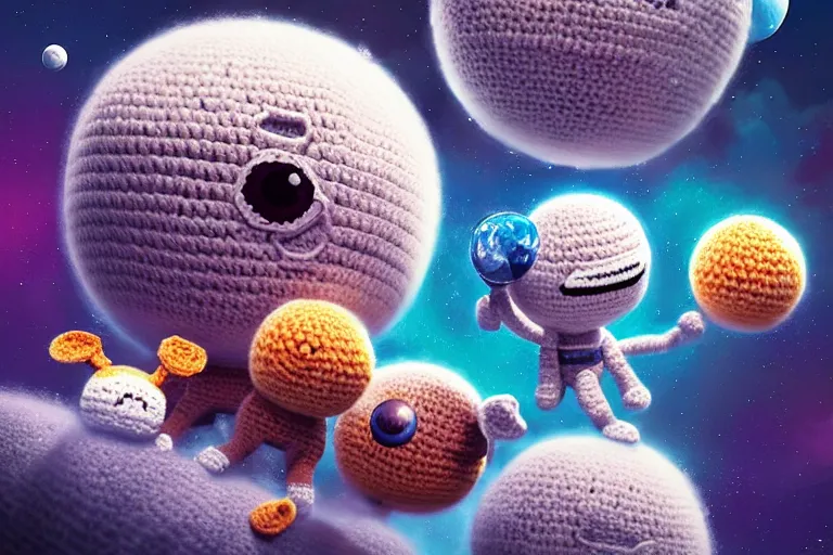 Image similar to an expedition of crochet cute astronauts discovering a new fluffy planet made out of yarn. cute, illustration, digital art, inspired by little big planet, by greg rutkowski, detailed, sharp, masterpiece, highly detailed, photorealistic, octane render, 8 k, unreal engine 5, trending on artstation, vivid colors