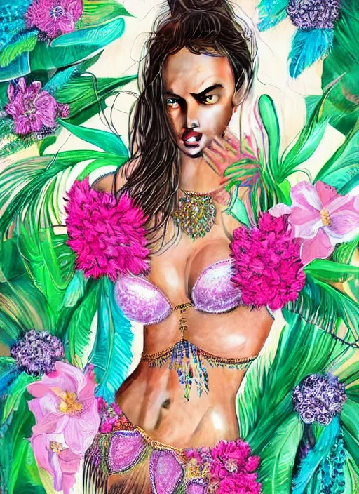 Image similar to beautiful VICTORIA'S SECRET portrait of Irina Shayk wearing fantastic Hand-dyed cotton dress,embellished beaded feather decorative fringe knots ,colorful pigtail,subtropical flowers and plants,symmetrical face,intricate,elegant,highly detailed,8k,post-processing,digital painting,trending on pinterest,harper's bazaar,concept art, sharp focus, illustration, by artgerm,Tom Bagshaw,Lawrence Alma-Tadema,greg rutkowski,alphonse Mucha