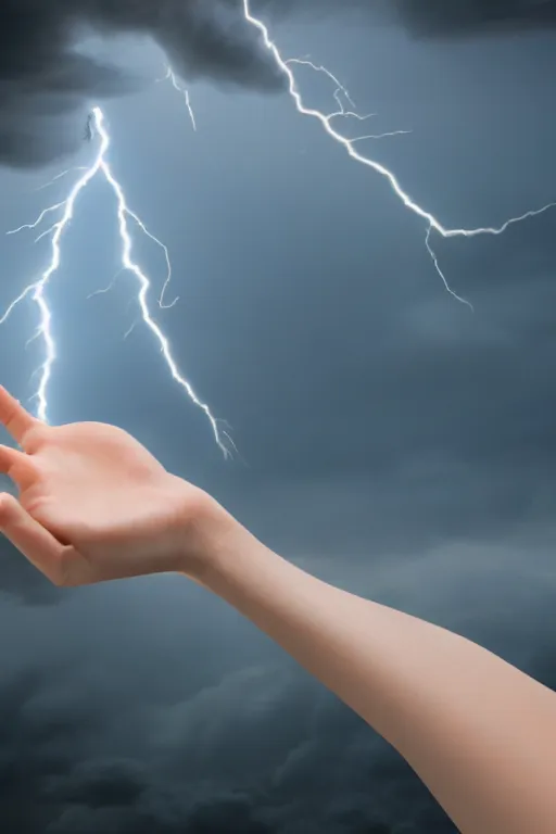 Image similar to photography of a hyper realistic lightning storm in a beautiful girl's hand. highly detailed, super power, stuning, intricate, complex, unreal engine 5.