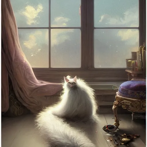 Prompt: cinematic view fluffy beutiful cat sleeping on the couch digital painting, artstation, concept art, soft light, hdri, smooth, sharp focus, illustration, fantasy, intricate, elegant, highly detailed, D&D, matte painting, in the style of Greg Rutkowski and Alphonse Mucha and artemisia, 8k, highly detailed, jurgens, rutkowski, bouguereau, pastoral, rustic, georgic