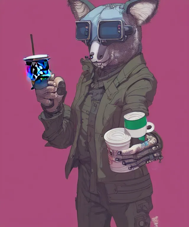 Image similar to a portrait of an anthropomorphic cyberpunk koala holding a starbucks, cyberpunk!, fantasy, elegant, digital painting, artstation, concept art, matte, sharp focus, illustration, art by josan gonzalez