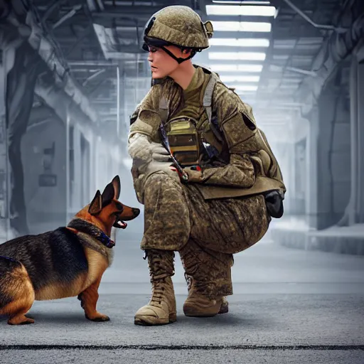 Prompt: female soldier with corgi sniffer dog in sci-fi city, digital art
