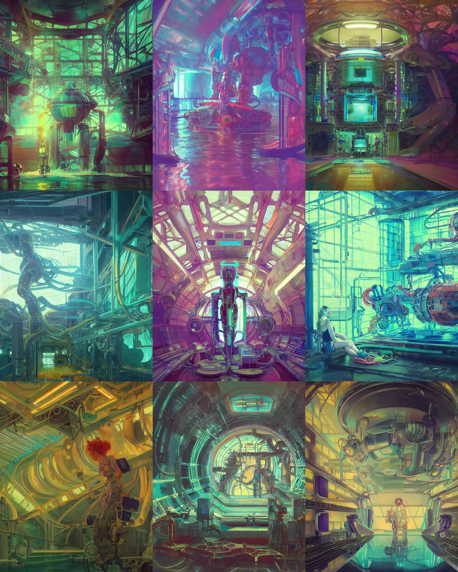 Prompt: the inside of a seapunk Mecha bio fuel processing tank flooded with acid, cinematic lighting, walls lined with neon tube lights, vaporwave , digital art, artstation, by WLOP, Ilya repin, alphonse mucha. Dynamic perspective mouth, Very highly detailed 8K, octane, Digital painting, the golden ratio, rational painting
