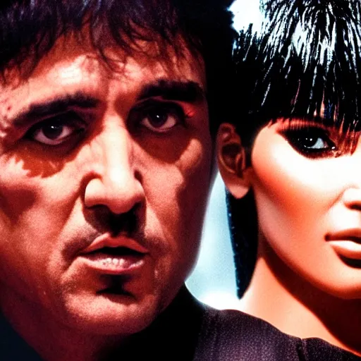 Prompt: Tony montana and Kim kardashian in bladerunner, realistic, hyperrealistic, 4k resolution, 8k resolution, Quality, highly detailed, very detailed, detail studio quality lighting, dramatic lighting, re life