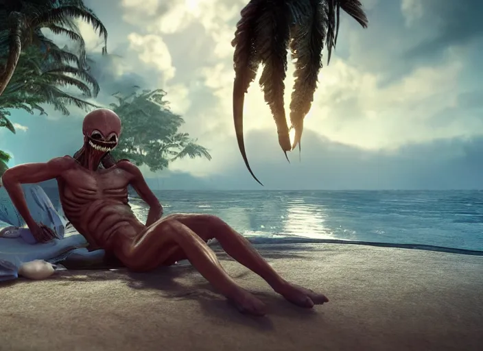 Prompt: a xenomorph alien relaxing on a beach in jamaica, cinematic lighting, directed by dennis villeneuve, national geographic, award winning, concept art, artstation, unreal engine, game screenshot