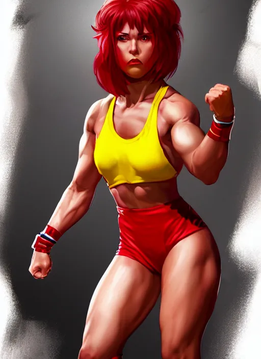 Prompt: wwf female wrestler 1 9 9 0, wide angle view, red and yellow color scheme, highly detailed, artgerm, cushart krenz, king of fighters style, trending on artstation, soft light, sharp focus, illustration, character design, concept art