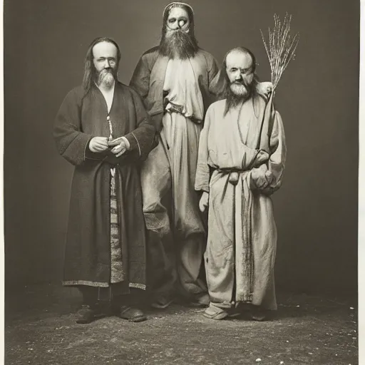 Image similar to two men stand beside one another, an alchemist and a shaman, ancient esoteric era, studio photography