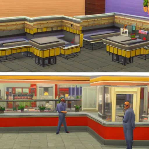 Prompt: Los Pollos Hermanos restaurant from Breaking Bad faithfully recreated in The Sims 4