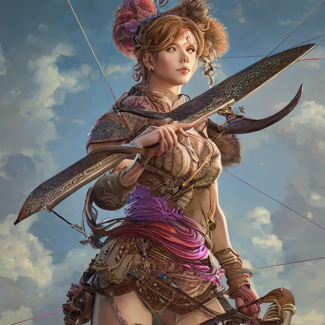 Image similar to the portrait of lawful neutral semi - colorful female archer huntress as absurdly beautiful, gorgeous, elegant, young woman, an ultrafine hyperdetailed illustration by kim jung gi, irakli nadar, intricate linework, bright colors, octopath traveler, final fantasy, unreal engine 5 highly rendered, global illumination, radiant light, detailed and intricate environment