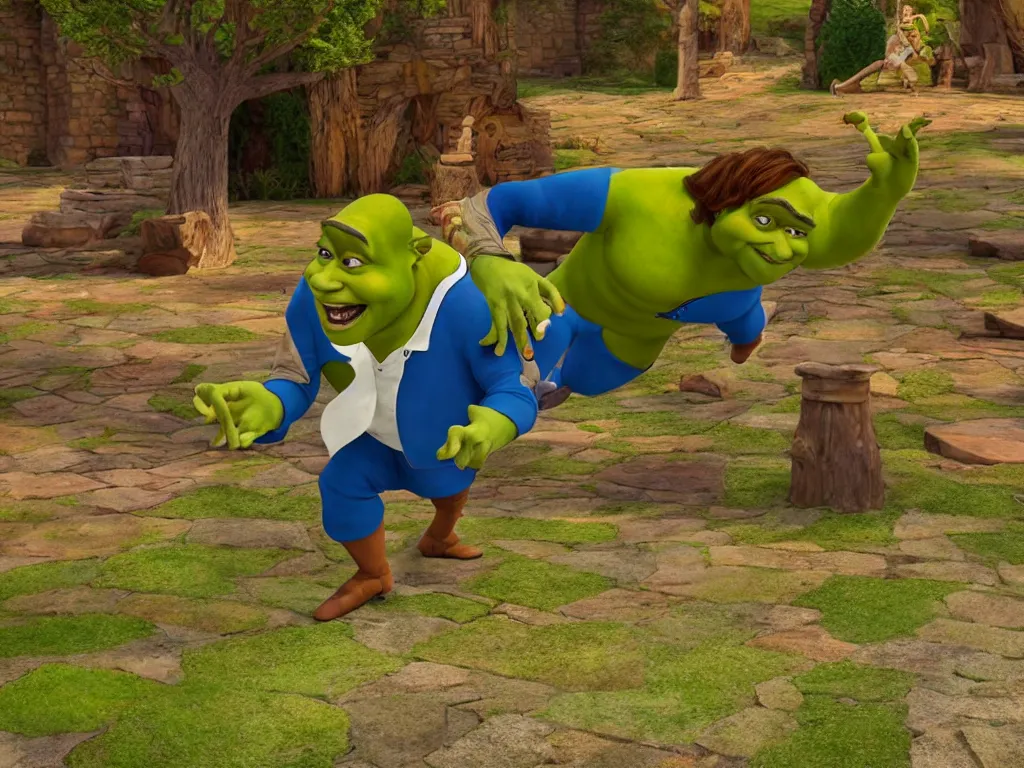 Image similar to shrek breakdancing while lord farquaad is in the back being impressed, High Definition detail, 8K, photography