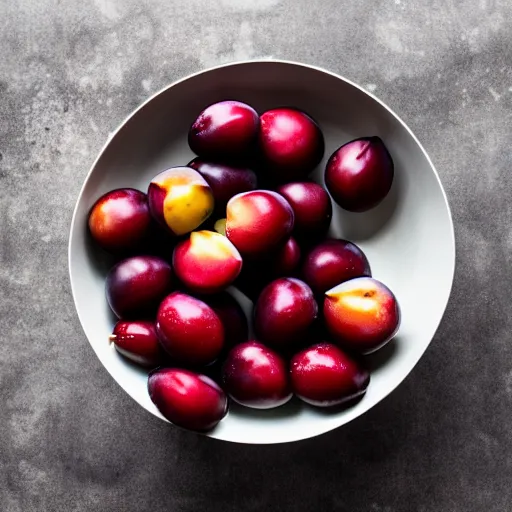 Image similar to photo of a thick porcelain bowl filled with a few moist freshly picked plums on a wooden table. volumetric lighting. 4 k. small scale. realistic. top down.