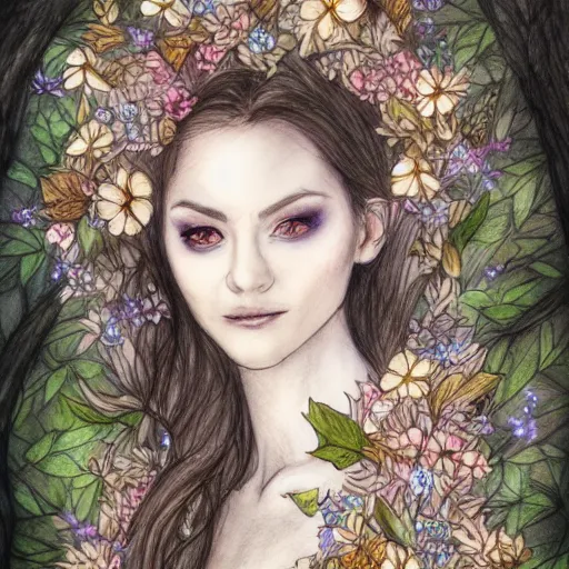 Image similar to a drawing of a beautiful woman dressed in flowers and leaves standing in an enchanted forest, high fantasy, elegant, epic, detailed, intricate, pencil and watercolor, concept art, realistic detailed face, smooth, focus, rim light,