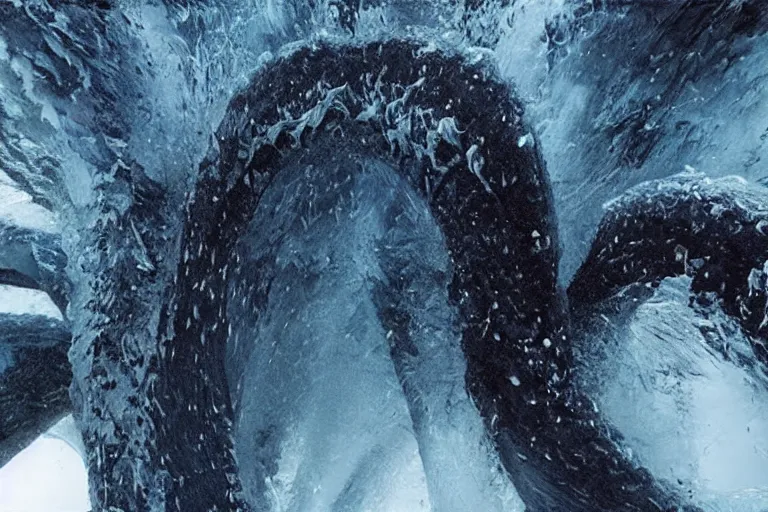 Image similar to vfx movie scene writhing ice leviathan closeup by emmanuel lubezki