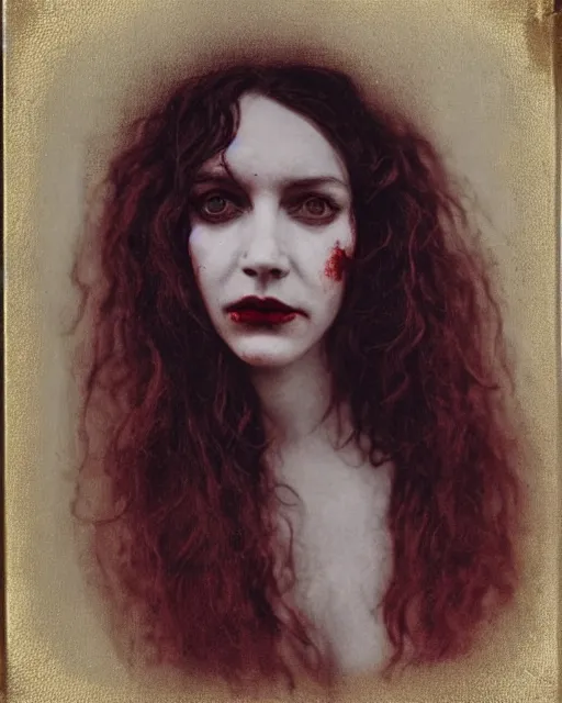 Image similar to an instant photo of a beautiful but sinister ghost in layers of fear, with haunted eyes and curly hair, 1 9 7 0 s, seventies, delicate embellishments, a little blood, crimson, painterly, offset printing technique, mary jane ansell