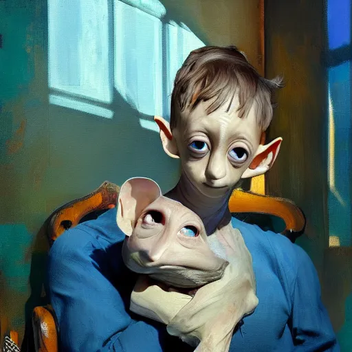 Image similar to greg manchess portrait of dobby the house holding the body of a man in a blue suit over his head, organic painting, sunny day, matte painting, bold shapes, hard edges, street art, trending on artstation, by huang guangjian, gil elvgren, ruan jia, randy vargas, greg rutkowski