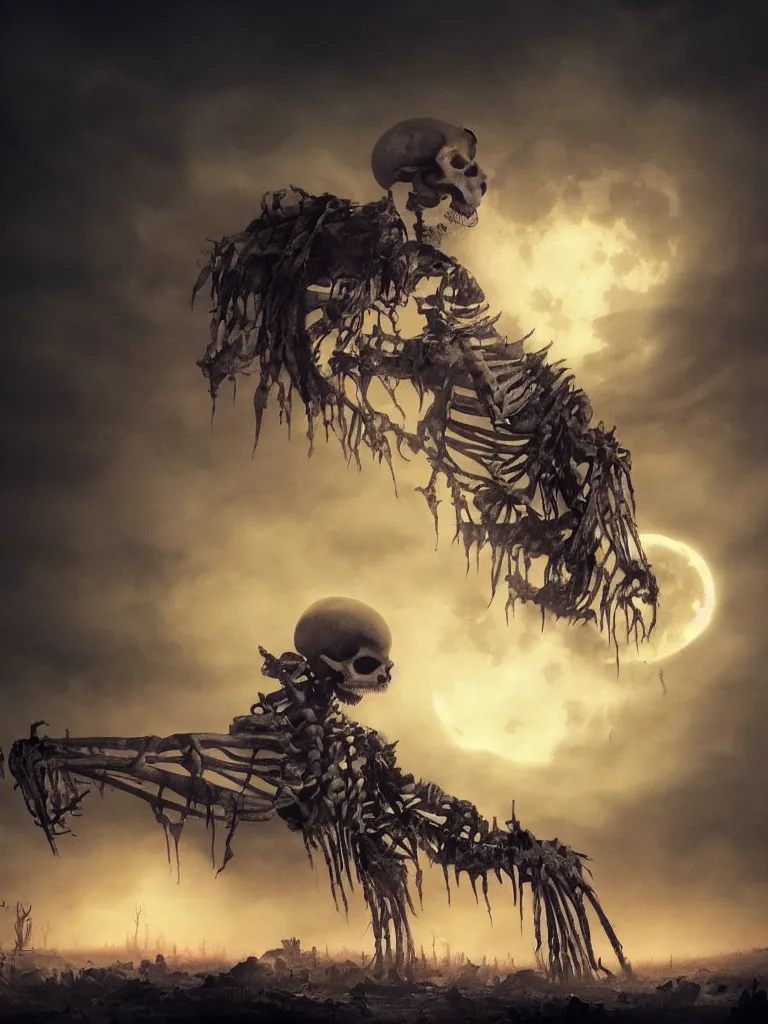 Prompt: a very large and scary skeleton with soft and luminous colors dances in an apocalyptic landscape with vapor and smoke under the moon in twilight, darkart, hyperdetailed, hyperealistic, cinematography, 8k,Artstation, Deviantart, beautiful