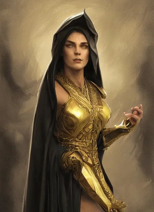 Prompt: medium-length portrait of a female dragonborn wizard with black scales and golden eyes, serious expression, wears a beautiful flowing dark robe, medieval setting, highly detailed, digital painting, artstation, concept art, sharp focus, illustration, art by greg rutkowski and alphonse mucha