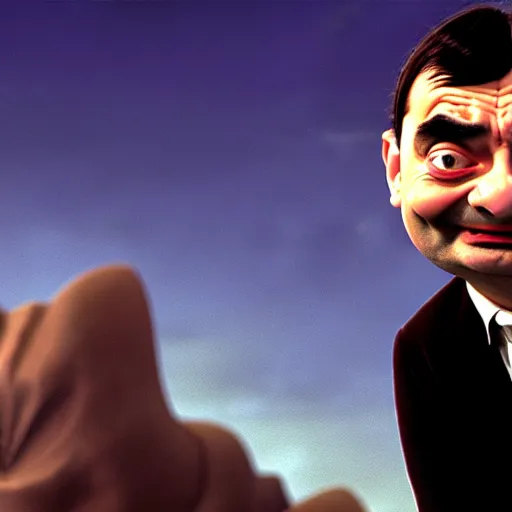 Image similar to mr. bean in tenacious d. movie still. cinematic lighting.