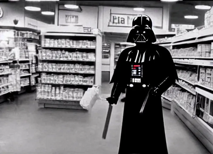 Prompt: film still of Darth Vader working as a clerk in a convenience store in the new Clerks movie 1994