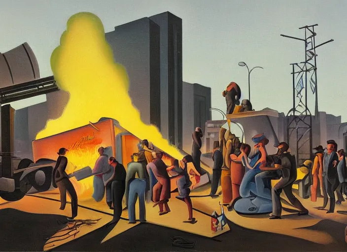 Prompt: people standing around a burning dumpster, an art deco painting by thomas hart benton, austin briggs, john philip falter, cg society, american scene painting, dystopian art, american realism, academic art