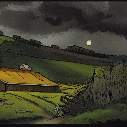 Image similar to A farm in the country side of Switzerland, in the style of Waltz with Bashir