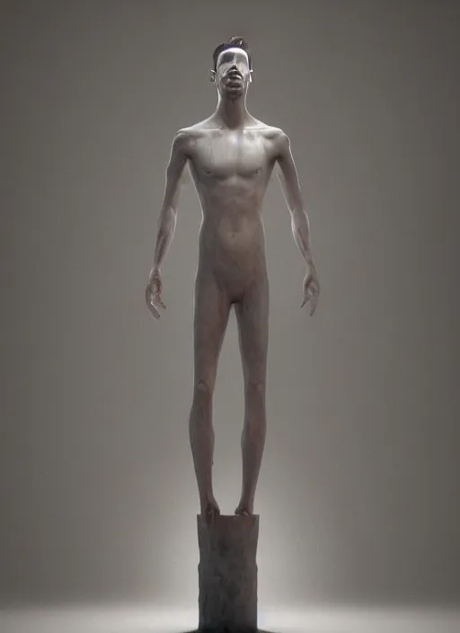 Image similar to a sculpture of a man standing next to a tall vase, a raytraced image by Hikari Shimoda, polycount, video art, vray tracing, ray tracing, rendered in unreal engine