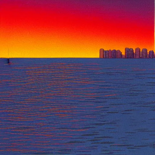 Prompt: Seaside city at sunset by Hiroshi Nagai