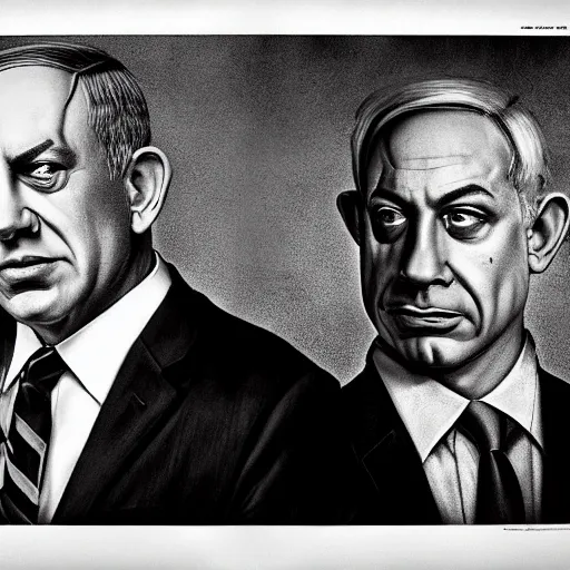 Image similar to portrait of benjamin netanyahu as the psycho killer, highly detailed, horror lighting, evil, by hugh kretschmer and norman rockwell