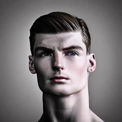 Image similar to “a realistic detailed photo of a guy who is an attractive humanoid who is half robot and half humanoid, who is a male android, Max Verstappen, shiny skin, posing like a statue, blank stare”