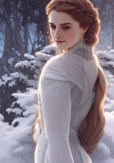 Image similar to sansa emma watson snow queen in ice dress, intricate, elegant, highly detailed, digital painting, artstation, concept art, smooth, sharp focus, illustration, art by artgerm and greg rutkowski and alphonse mucha and william - adolphe bouguereau