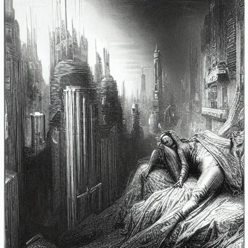 Prompt: cyberpunk dreaming by gustave dore