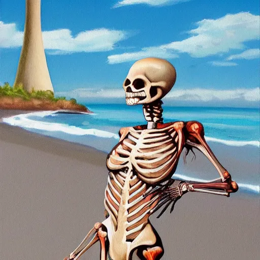 Prompt: Professional painting of anatomically correct skeleton in bikini walks along the beach, big nuclear bomb explosion in the background, trending on Artstation, realistic, ultra detail