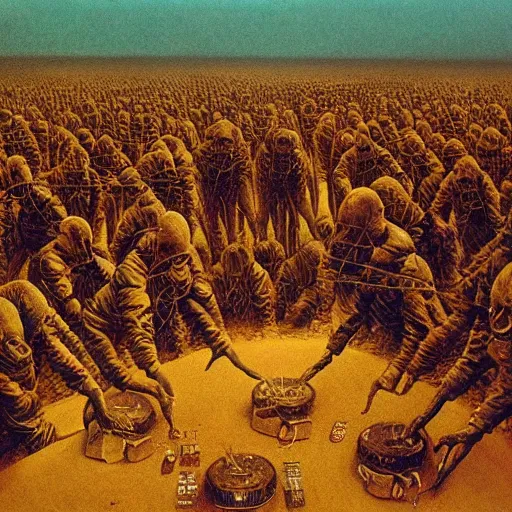 Prompt: death grips, dj ride, playing a concert in a desolate brutalist wasteland, painted by zdzislaw beksinski