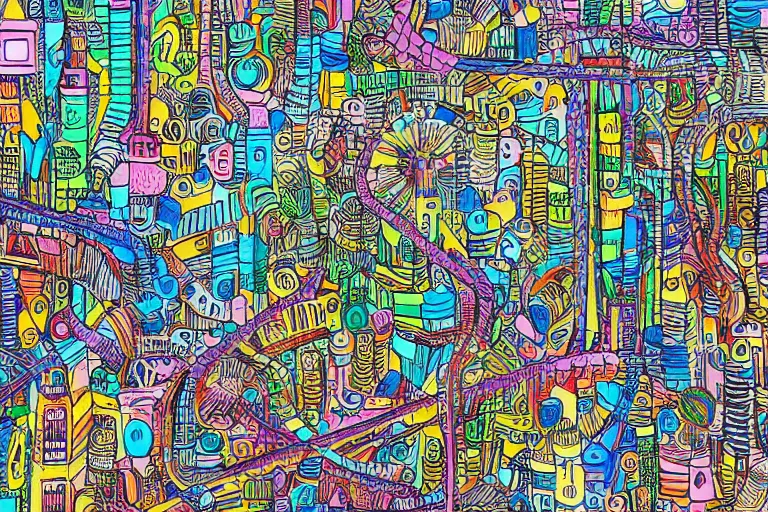 Image similar to an elaborate penned child illustration of a colorful intricate connected city of tubes and pipes, by martin handford and by jan van haasteren