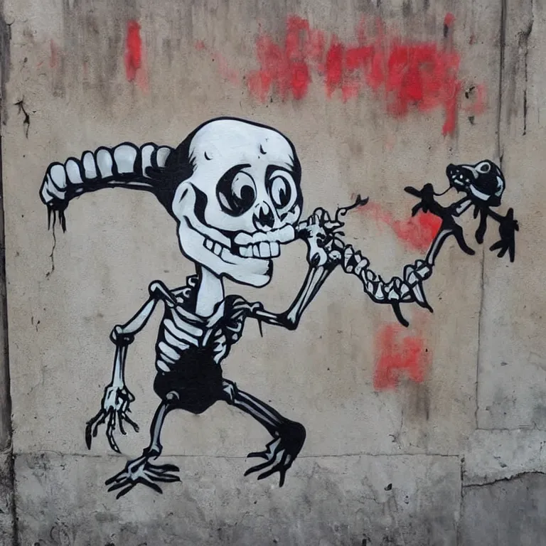 Prompt: Street-art painting of cute tiny crocodile in style of Banksy, comic character, cute skeleton, cartoon style, photorealism