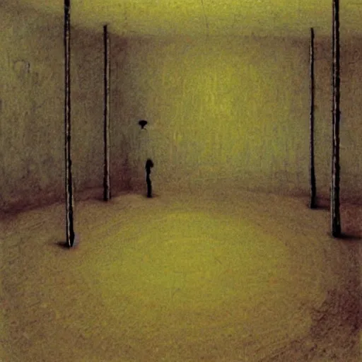 Prompt: Factory Floor. Vacant. Desolation. Unsettling. Zdzisaw Beksinski