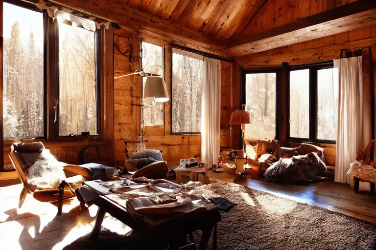 Prompt: interior of a cozy room in Aspen, golden hour, sunbeams, volumetric lighting, cozy, super cozy, cozy!, very cozy, comfortable, warm, coziest room in the world, by Emmanuel Lubezki