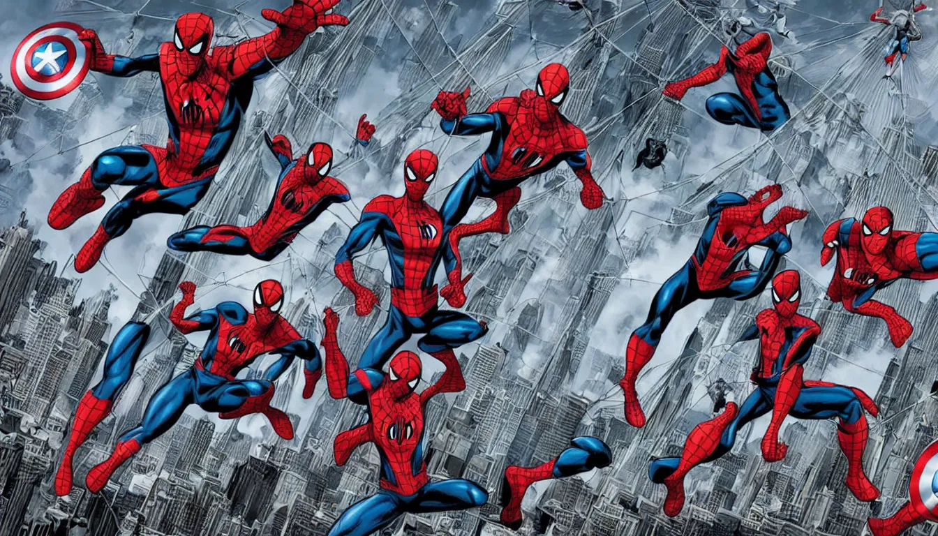 Image similar to a wide angle action shot of avengers defending brooklyn bridge from alien invasion, spider-man swinging on a web in the background, in the style of marvel comics, graphic novel