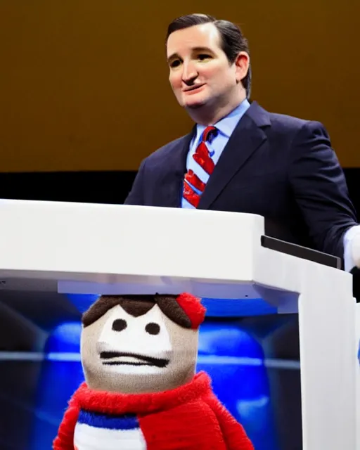 Prompt: portrait of ted cruz as a sock puppet behind a podium in a cpac convention, intricate detail, octane, editorial photo