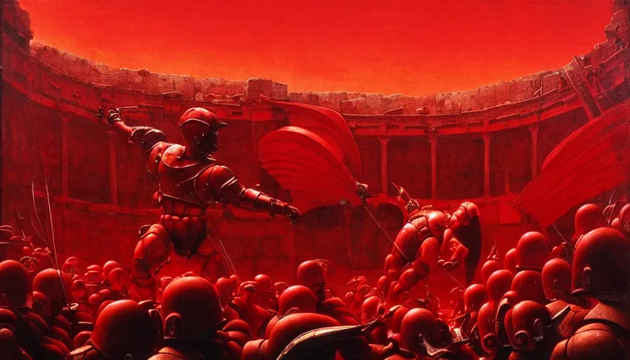 Image similar to only with red, an armored gladiator in a crowded roman amphitheatre, crowd cheering, in the style of beksinski and edward hopper and rodcenko and yue minjun and rolf armstrong, intricate and epic composition, red by caravaggio, highly detailed, masterpiece, red light, artstation