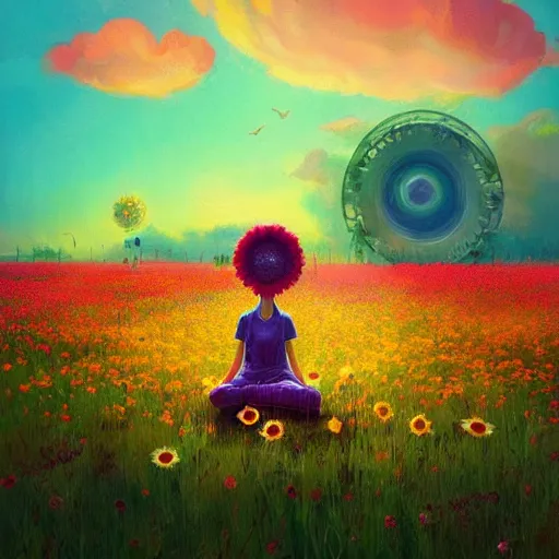 Image similar to giant daisy flower as head, girl sitting in a flower field, surreal photography, sunrise, dramatic light, impressionist painting, colorful clouds, digital painting, artstation, simon stalenhag