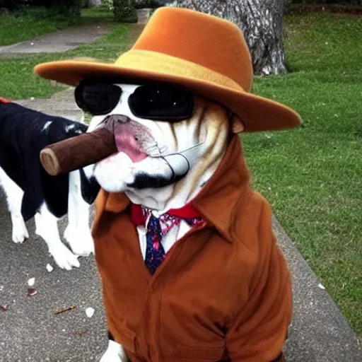 Image similar to A dog dressed as a mob boss smokes a cigar