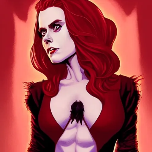 Prompt: vampire : : rafeal albuquerque comic art, artgerm : : gorgeous amy adams : : sharp teeth : : symmetrical face, symmetrical eyes : : gorgeous red hair : : magic lighting : :