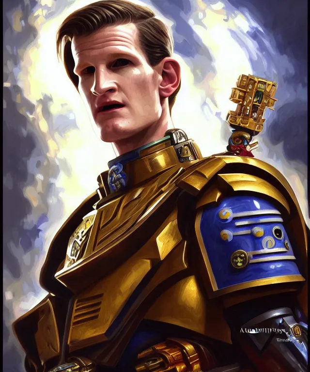 Image similar to Matt Smith Doctor Who as Warhammer 40k Space Marine, portrait, fantasy, intricate, elegant, highly detailed, digital painting, artstation, concept art, smooth, sharp focus, illustration, art by artgerm and greg rutkowski and alphonse mucha